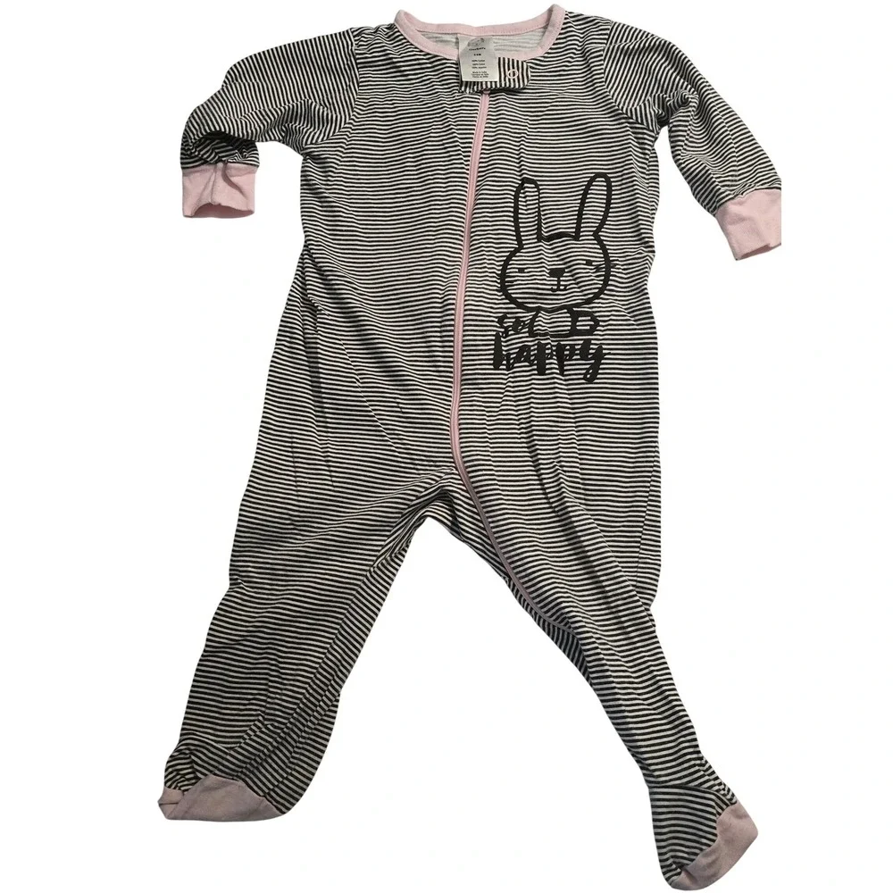 Gerber Baby Girl Sleep and Play Bunny Striped Footed Pajama 3-6M Black Pink
